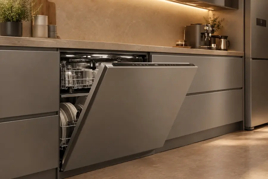 Lavastoviglie da incasso aperta con piatti e bicchieri in una cucina moderna